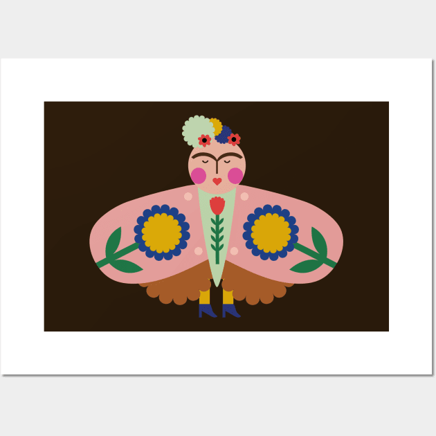 Cute colorful Frida kahlo feminist butterfly and summer flowers Wall Art by sugarcloudlb-studio